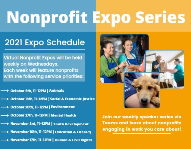 An image that lists the days and times  of the Nonprofit Expos with three pictures of people and a dog. 