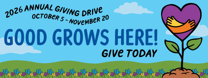2026 Annual Giving Drive banner with blue background, purple heart over tree stem, and purple, blue and yellow flowers across bottom.